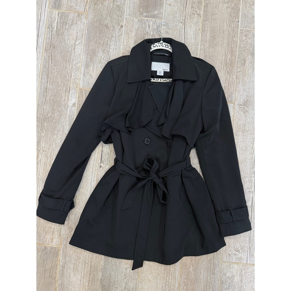 Bar III Ruffle Trench Coat Womens Medium Black Excellent Double Breasted Belted